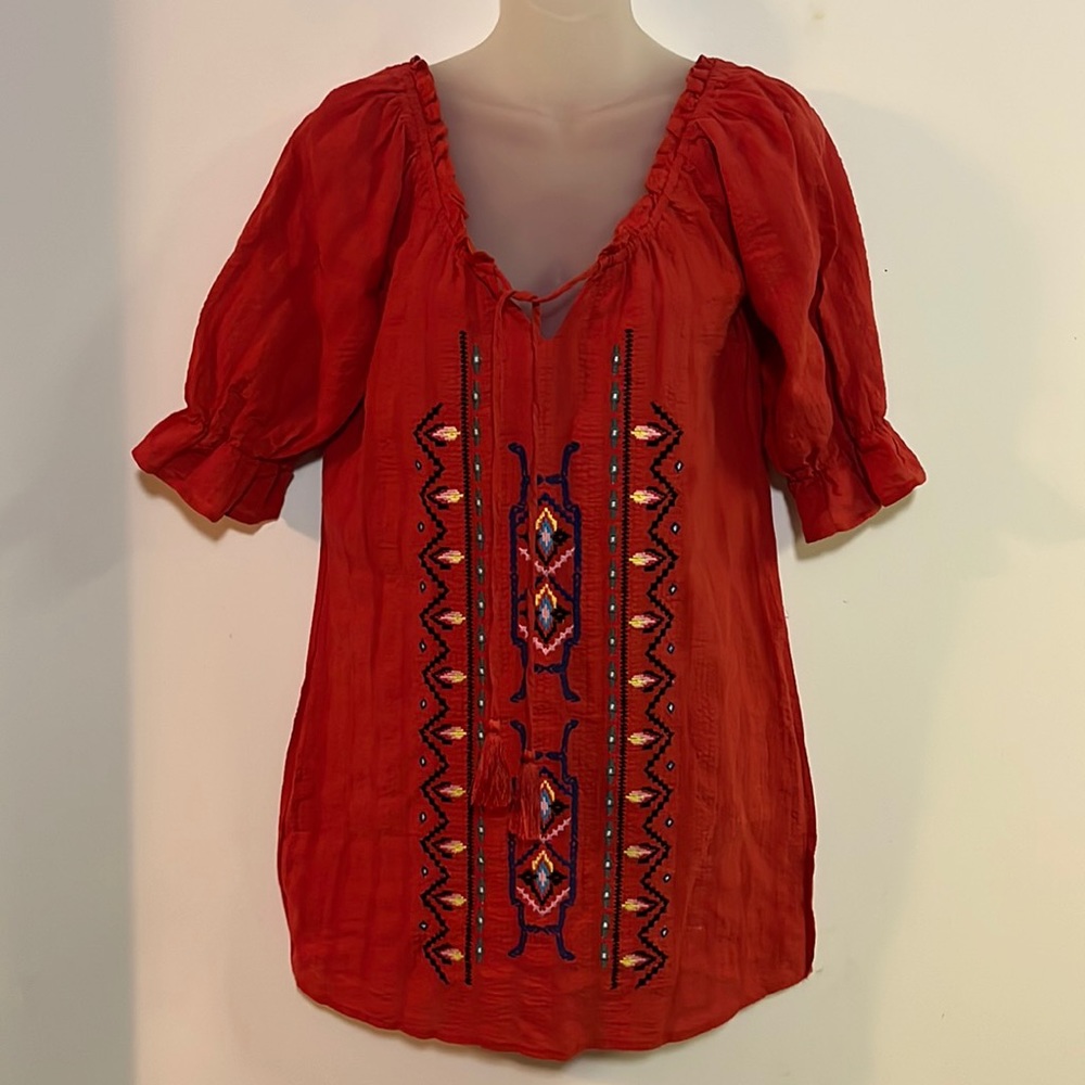Chelsea & Violet Dark Orange Embroidered Southwest Boho Peasant Mini Dress Tunic